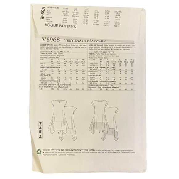 Vogue Patterns V8968 Misses Loose Fitting Dress Sewing Pattern Sizes L-2XL 2014 - Picture 2 of 3